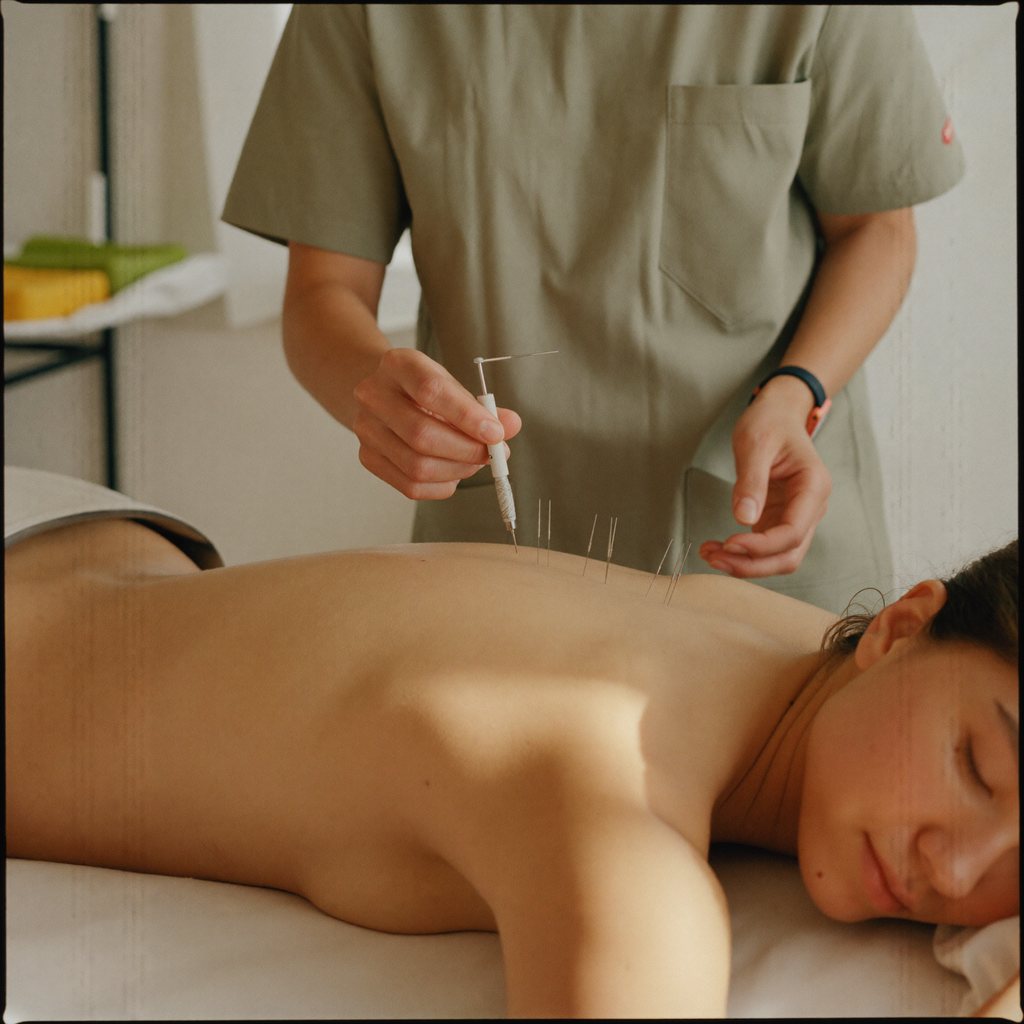 A licensed acupuncturist placing fine sterile needles along a patient's upper back