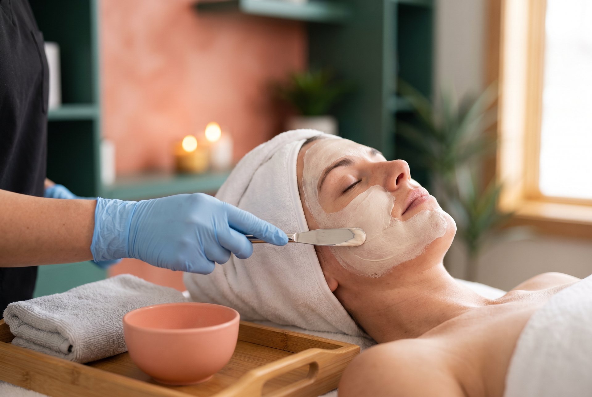 Aesthetician applying a treatment mask during a custom facial