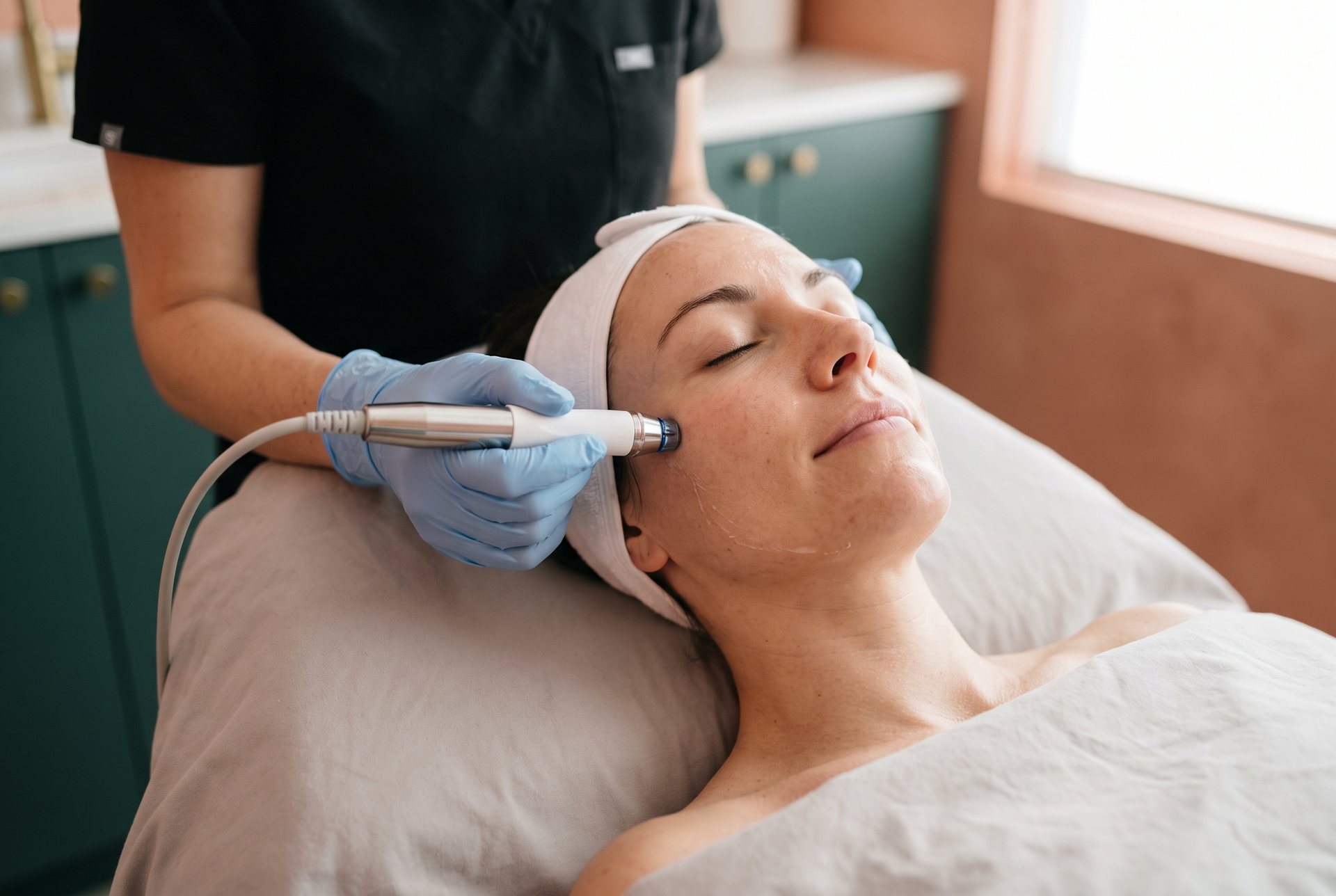 Aesthetician performing a facial treatment with a handpiece