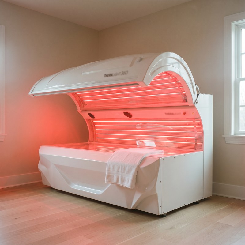 The TheraLight 360 red light bed, lid open and glowing