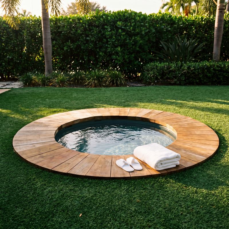 The round garden plunge pool set into the lawn